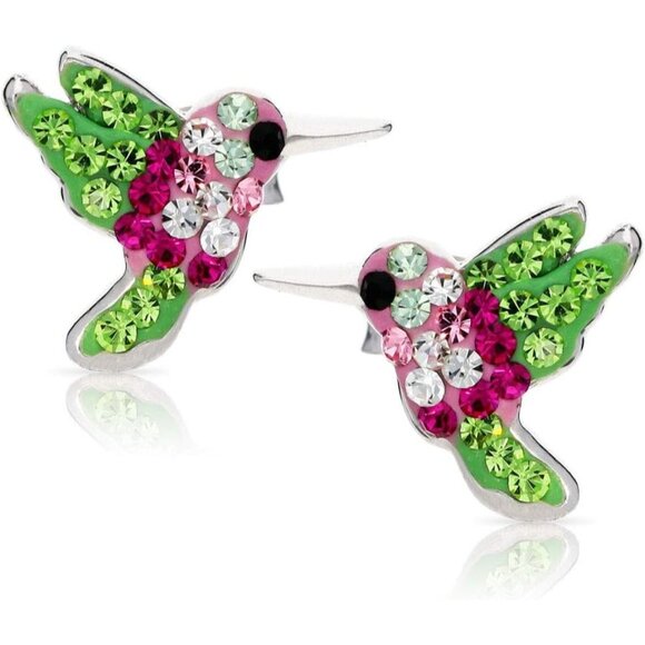 Women's Colorful Crystal Hummingbird Rust 925 Sterling Silver Natural Earrings - Picture 1 of 5